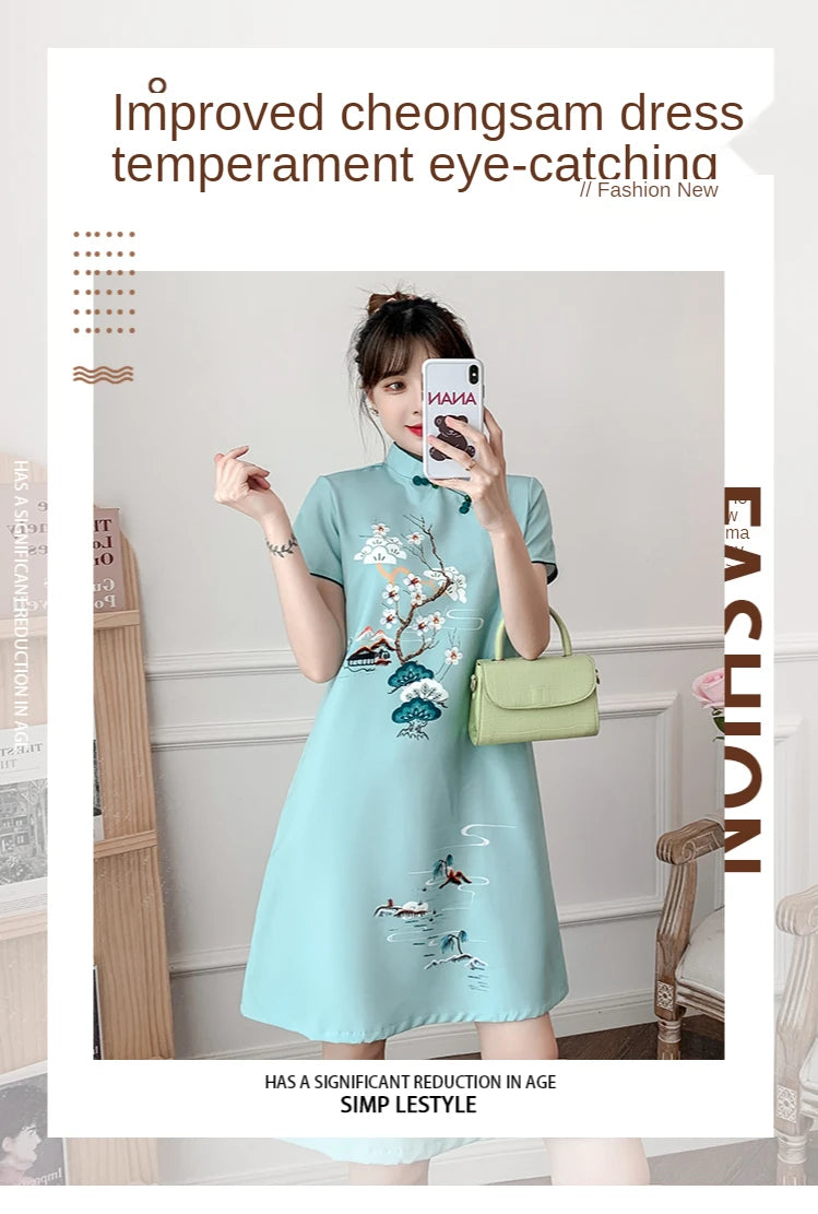 Plus Size M-4XL 2021 New Blue Loose Fashion Modern Cheongsam Dress Women Short Sleeve Qipao Traditional Chinese Style Clothes - Seprincess