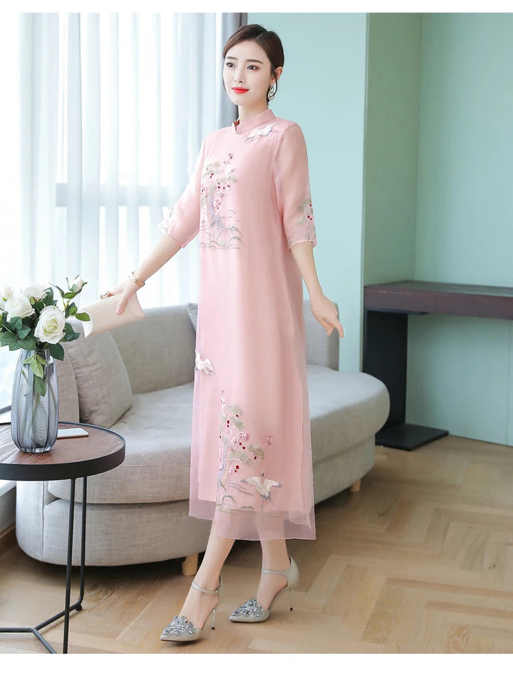 Chinese Styles Vintage Women Hanfu Midi Qipao Dresses China Traditional Elegant Cheongsam Tang Suit New Robe Orientale Clothing - Seprincess