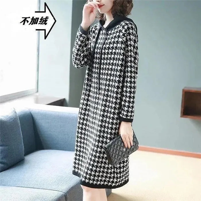 6XL Women's Dress 2024 Autumn Summer New Fashion Houndstooth Hooded Sweater Hoodie Dresses Winter Long-Sleeved Base Dress Female - Seprincess