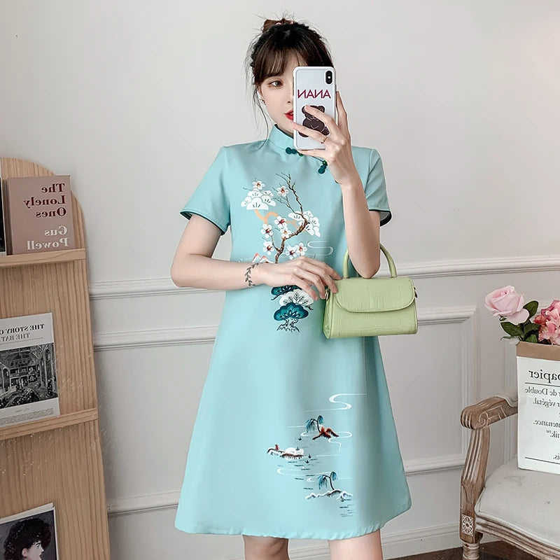 Plus Size M-4XL 2021 New Blue Loose Fashion Modern Cheongsam Dress Women Short Sleeve Qipao Traditional Chinese Style Clothes - Seprincess