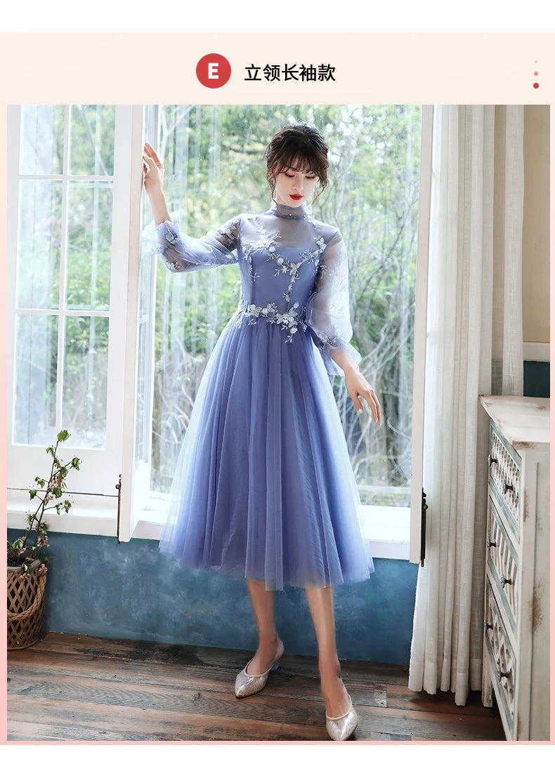 Sweet Memory 2025 Women Blue Bridesmaid Dresses Tea Length Appliques Lace Flowers Mismatched With Sleeves Wedding Party Dress