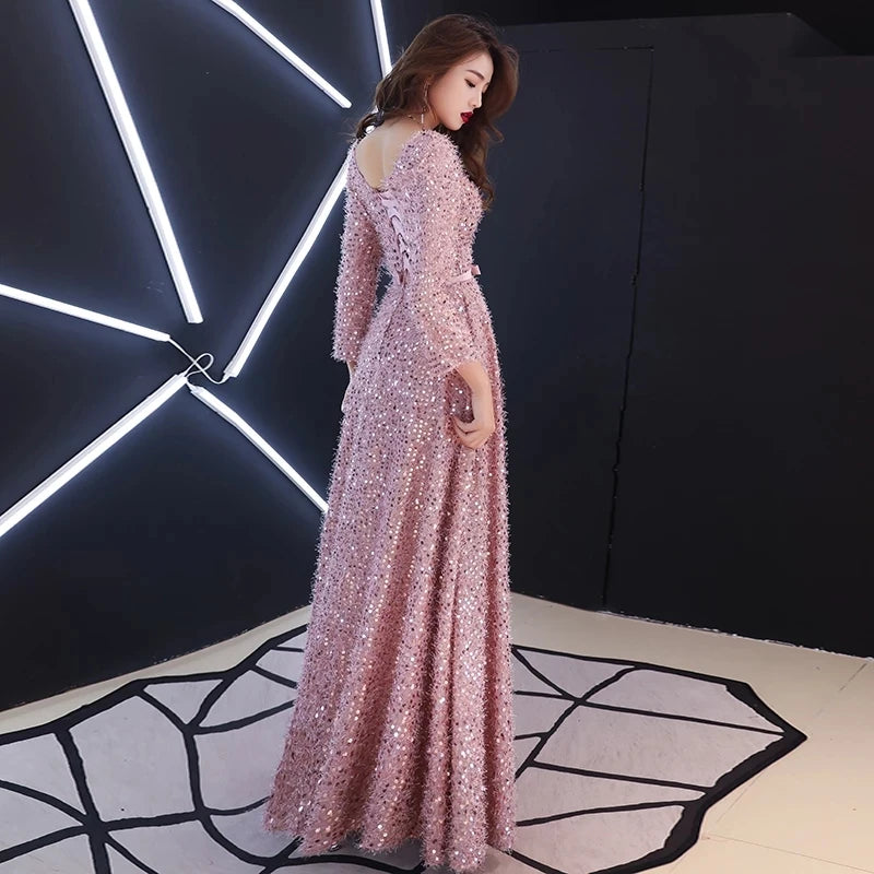 2024 Elegant Pink Feathers Long Evening Dress with Long-sleeve Shiny Sequin Lace Up Floor-Length Formal Gowns New Party Dresses - Seprincess