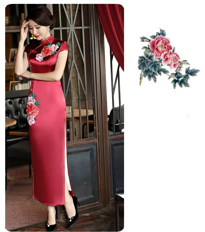 Classical Women Long Show Satin Chinese Dress Elegant Slim Embroidery Flower Qipao Cheongsam Retro Mandarin Collar Evening Gown