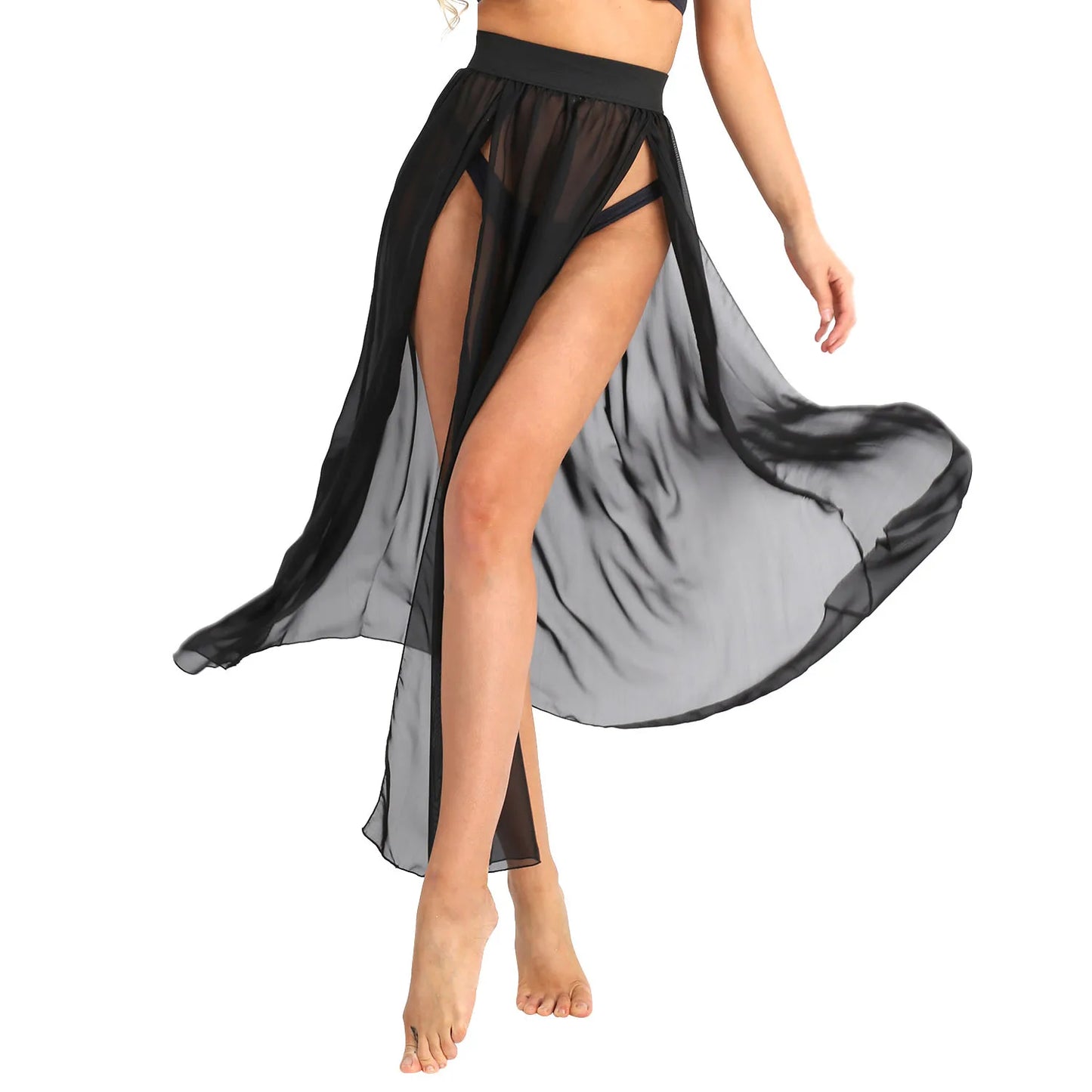 Sexy Women Sheer See Through Chiffon Maxi Skirts High Split Flowy Long Skirt Transparent Bikini Cover Up Bottoms Pool Party Club - Seprincess