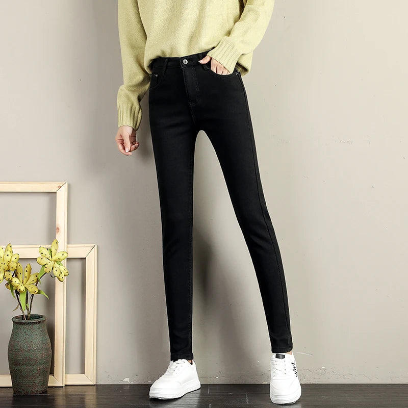 Women Stretch High Waist Skinny Warm Thick velvet Jeans Lady Mom Cotton Pants Student Winter Pencil Trousers clothes 38 40