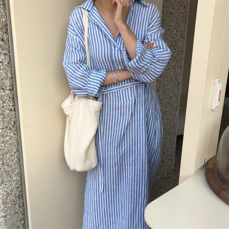 Colorfaith DR2268 2023 New Striped Lace Up Cotton and Linen Shirt Dress Spring Summer Women Korean Fashion Chic Long Dresses - Seprincess