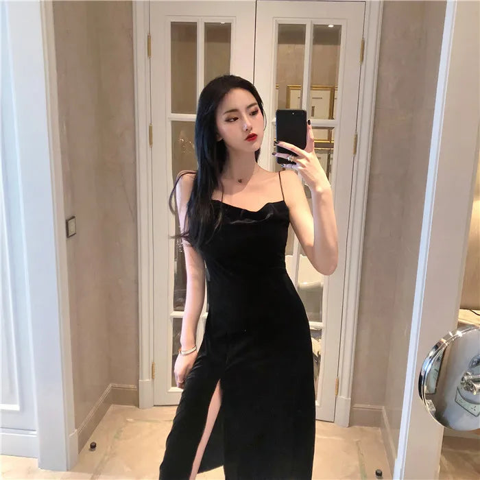 New 2022 Vintage Women Dress Spaghetti Strap Slit Velvet Black Dress Sexy Bodycon Bandage Dress Midi Party Dress Verano Vestidos - Seprincess