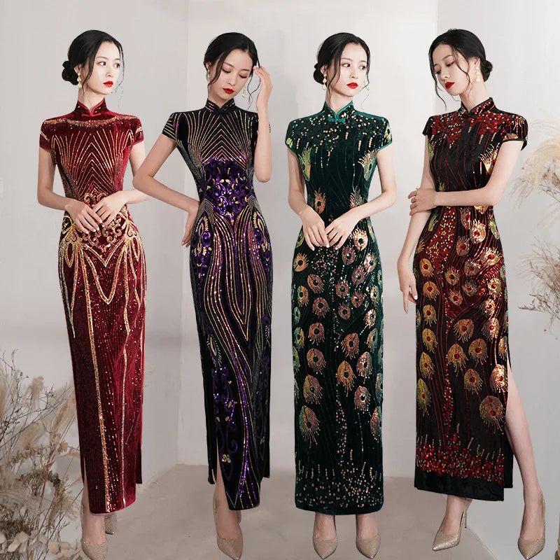 Elegant Lady Sequins Qipao Sexy Cheongsam Classic Mandarin Collar Chinese Dress Velvet Size 5XL Evening Party Vestidos - Seprincess