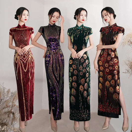 Elegant Lady Sequins Qipao Sexy Cheongsam Classic Mandarin Collar Chinese Dress Velvet Size 5XL Evening Party Vestidos - Seprincess