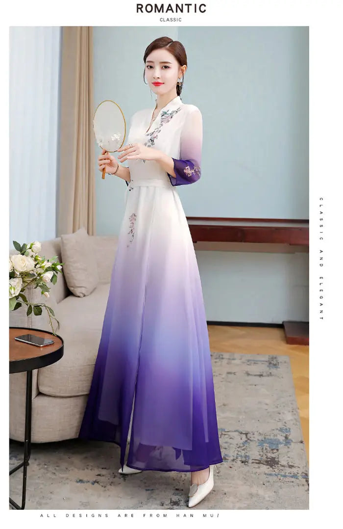 Top 2021 New Elegant Chinese Style V-Neck Slim Gradient Color Three-Quarter Sleeve Long Temperament Dress Qipao Lady Robes y1458