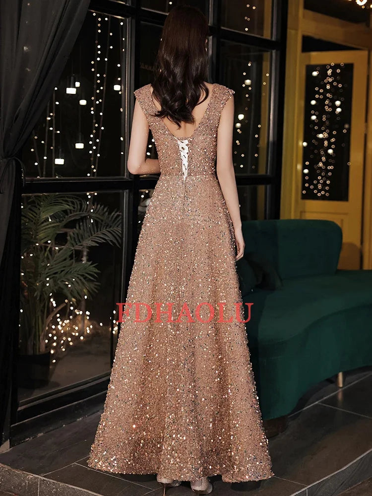 FDHAOLU FU92 Sequins Evening Dresses O-Neck A-line Floor-length Sleeveless Elegant Bling Plus size Customized Woman Formal Dress - Seprincess