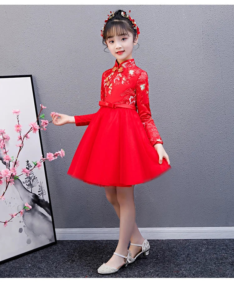 Cute Flower Girls Dresses Kids Chinese Embroidery Lace Cheongsam Dress Baby Girls Elegant Traditional Chinese New Year Dress - Seprincess