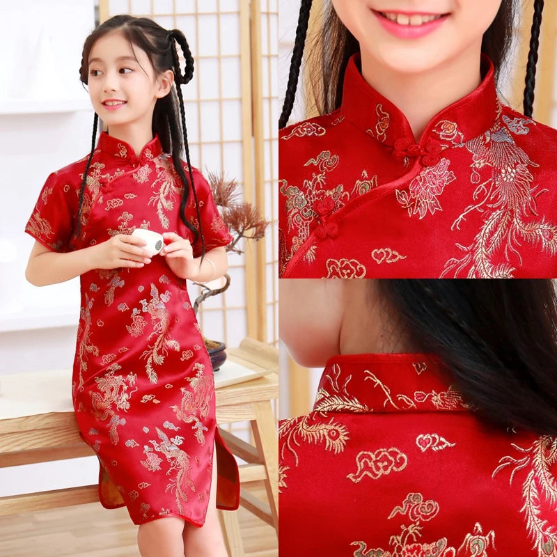 Lovely Girls Silky Satin cheongsam Dress Cute Princess Girls Dresses Kids Party Ball Gown Dress New Year cheongsam Clothing - Seprincess