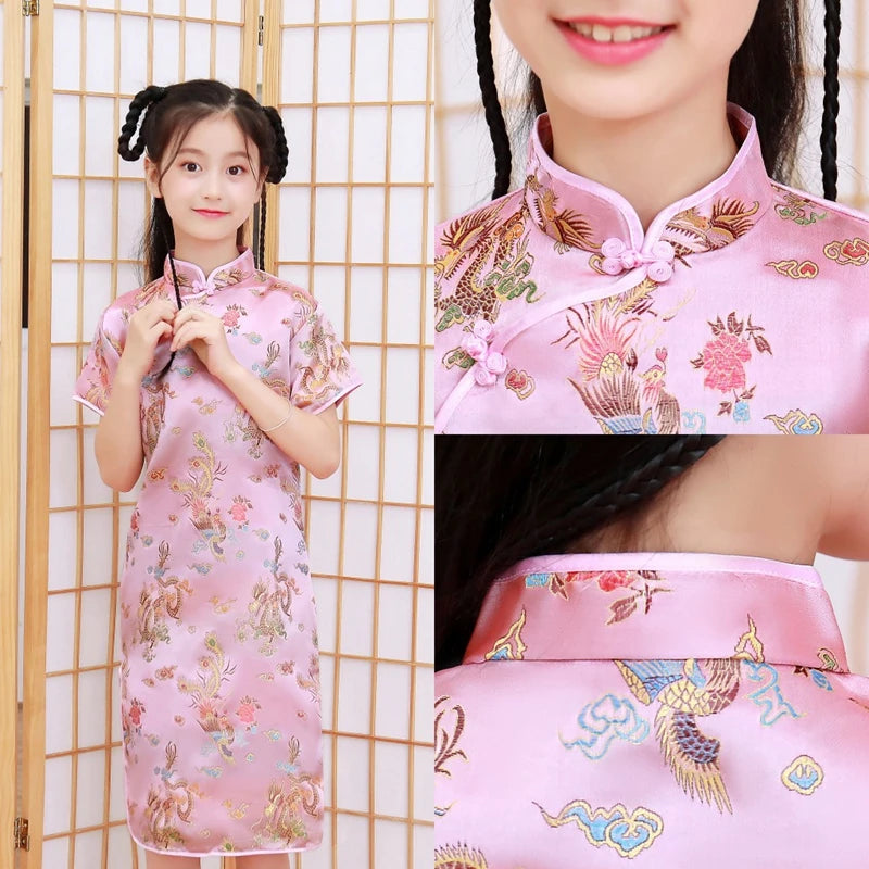 Lovely Girls Silky Satin cheongsam Dress Cute Princess Girls Dresses Kids Party Ball Gown Dress New Year cheongsam Clothing - Seprincess