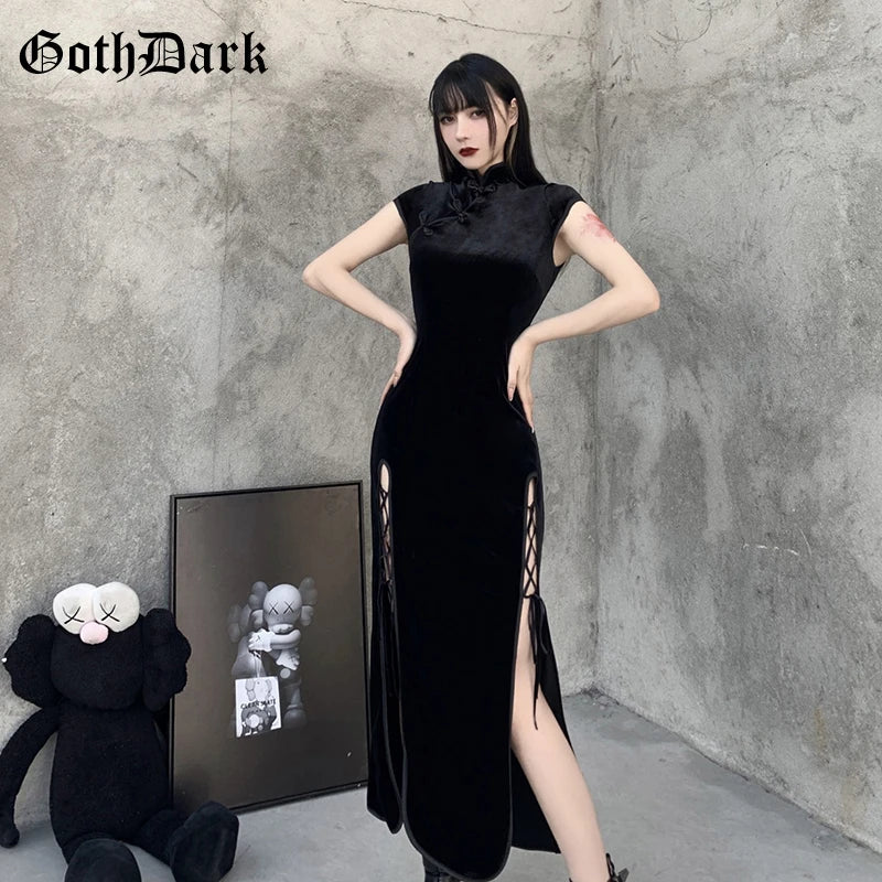 Goth Dark Romantic Gothic Velvet Aesthetic Dresses Vintage Women Black Bandage SlitHem Bodycon Dress Sexy Evening Wear Cheongsam - Seprincess