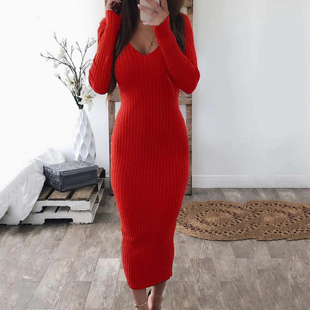 Sexy Women Dress Winter 2020 Knit Sweater Long Sleeve V Neck Backless Ribbed  Slim Knitted Midi Dress Sweater Dress Korean Dress - Seprincess