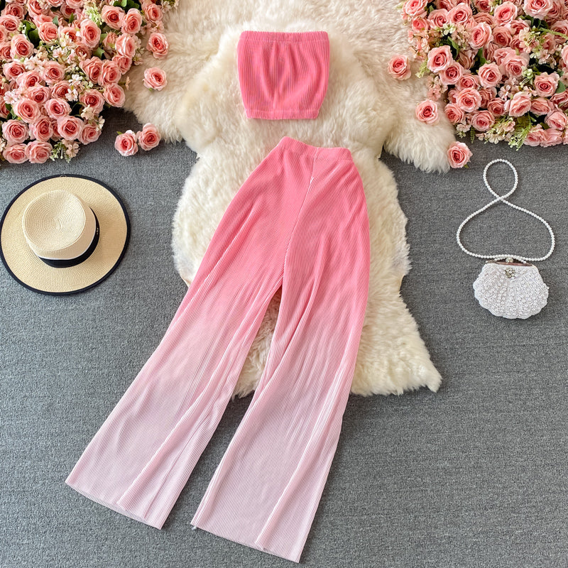 Summer Women's Suit Korean Street Style Gradient Tube Top Short Top + High Waist Wide Leg Pants Female Sets FC441 - Seprincess