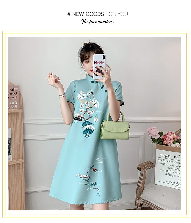 Plus Size M-4XL 2021 New Blue Loose Fashion Modern Cheongsam Dress Women Short Sleeve Qipao Traditional Chinese Style Clothes - Seprincess