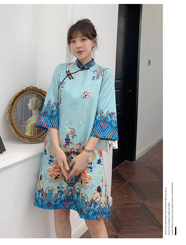 Ins Red Blue Loose 2021 New Fashion Modern Chinese Cheongsam A-line Dress Women 3/4 Sleeve Qipao Traditional Chinese Clothes - Seprincess