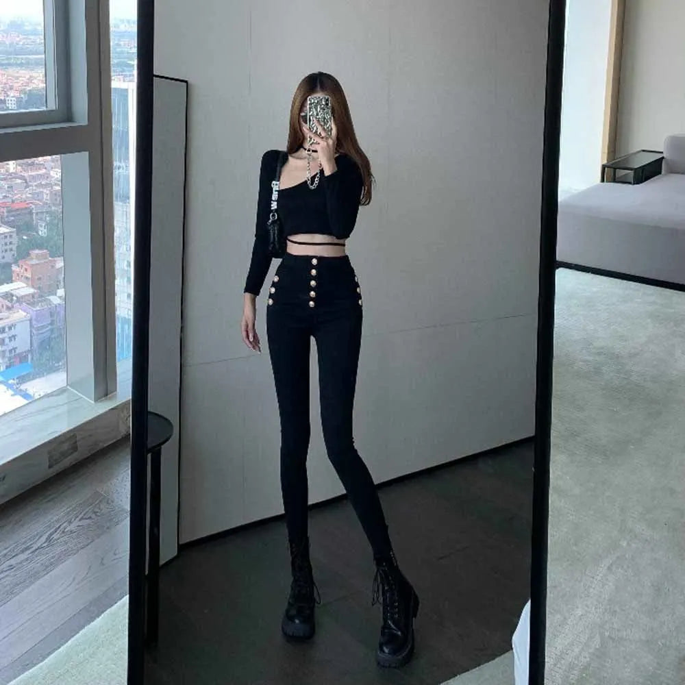 Spring Autumn Fashion High Waist Skinny Trousers Women's Casual Double Breasted Black Pencil Pants