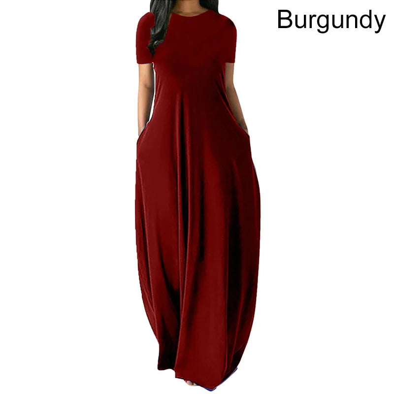 Women Oversize Casual Solid O-Neck Pockets Long Dress Summer Dress Female Plus Size Short Sleeve High Waist Maxi Dresses - Seprincess