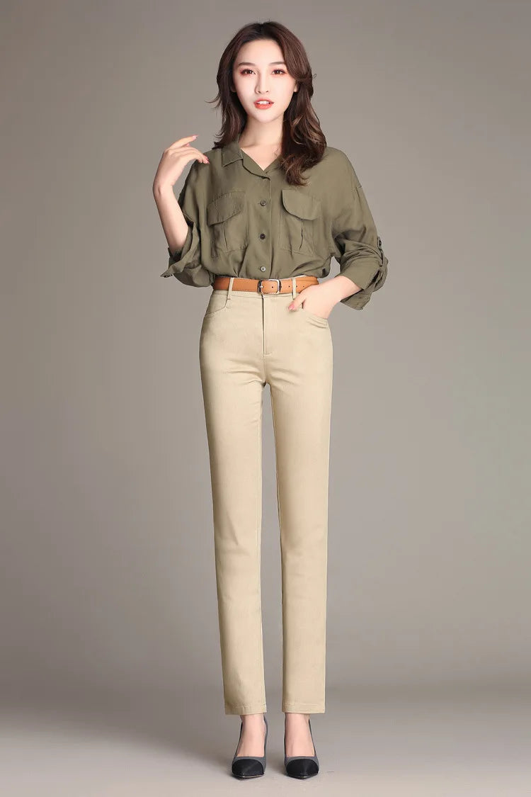 Women Straight-leg Pants 100% Cotton White Black Khaki Blue Stretch Slimming Fit Casual Plus Size S To 4XL Pencil Feet Trousers