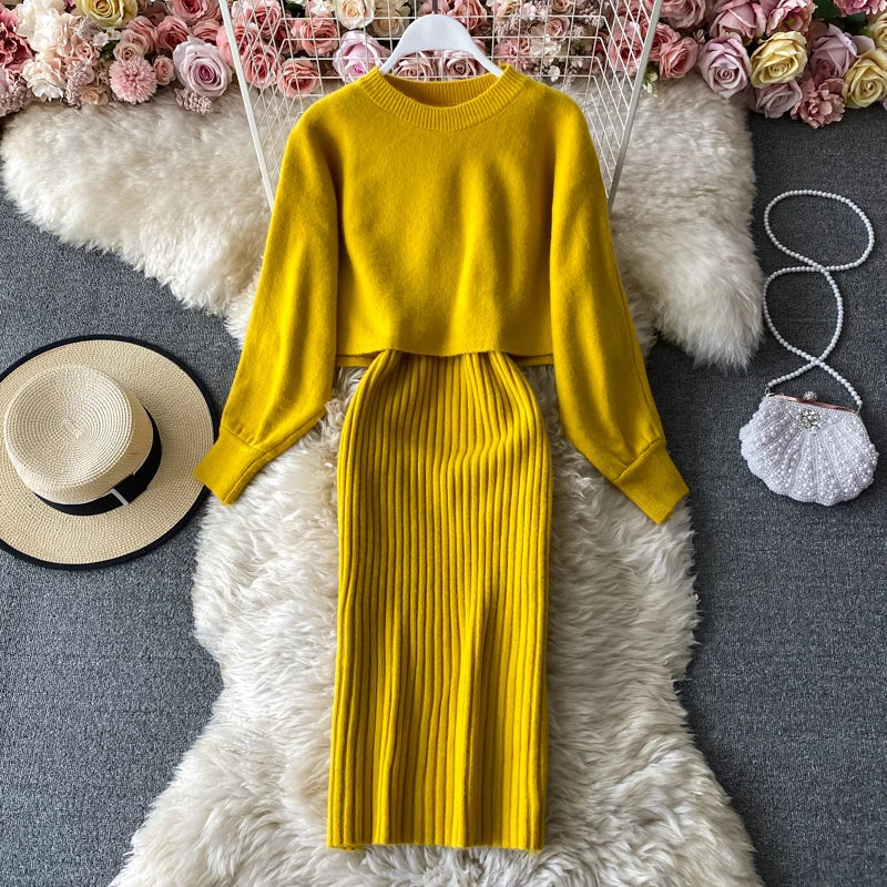 autumn Korean style clothes Two piece dress set Winter fall 2024 fashion women clothing new knitted knit long sleeves sweaters - Seprincess