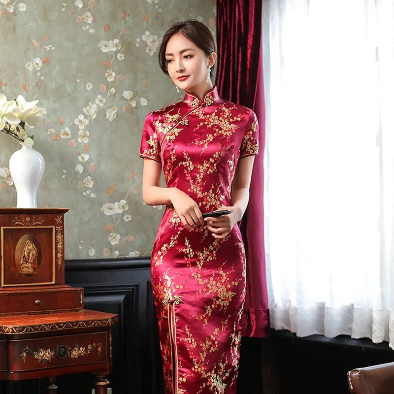 Elegant New Brocade Satin Long Fork Cheongsam Chinese Classic Women's Qipao Short Sleeve Sexy Wedding Evening Party Dress 4XL - Seprincess