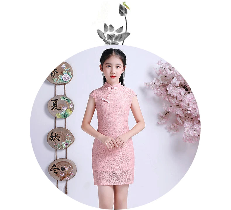 Summer Lovely Girls Short Sleeve Lace cheongsam Dress Cute Princess Girls Embroidery Dresses Kids Party Evening Wedding Dress - Seprincess