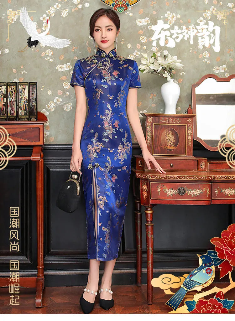 Sexy New Brocade Satin Long Fork Cheongsam Chinese Classic Women's Qipao Elegant Short Sleeve Novelty Wedding Evening Dress 4XL - Seprincess