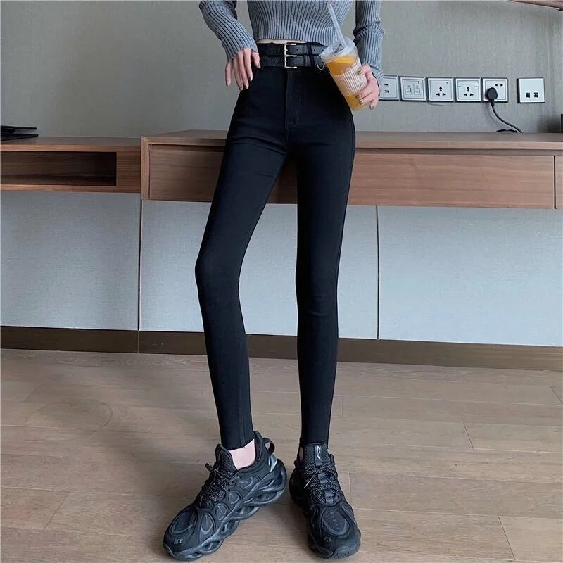 Woman Jeans Pants Black Ankle Tight Pencil Pants Autumn High Waist Tight Elastic Double Waist Head Pantalones Vaqueros Mujer