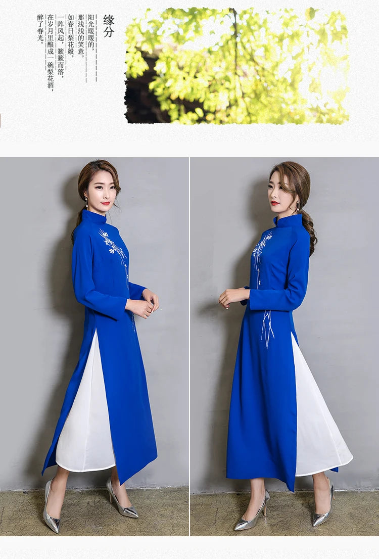 Vietnam Ao Dai Patchwork Tight Dress for Woman Chinese Traditional Costumes Qipao Cheongsams Flower Female Oriental Outfits - Seprincess