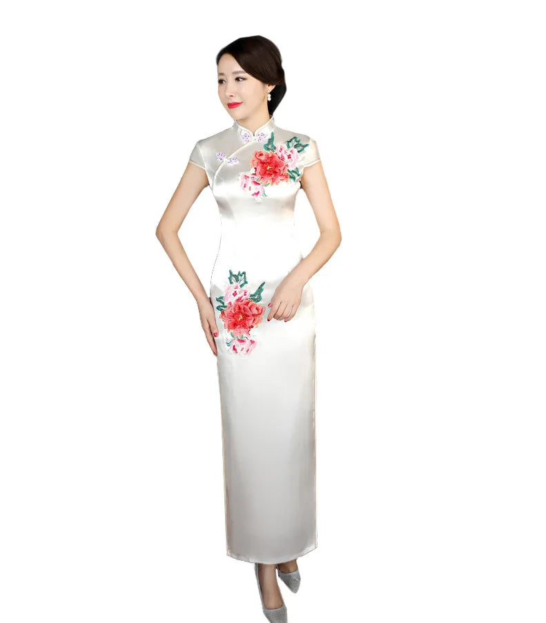 Classical Women Long Show Satin Chinese Dress Elegant Slim Embroidery Flower Qipao Cheongsam Retro Mandarin Collar Evening Gown - Seprincess