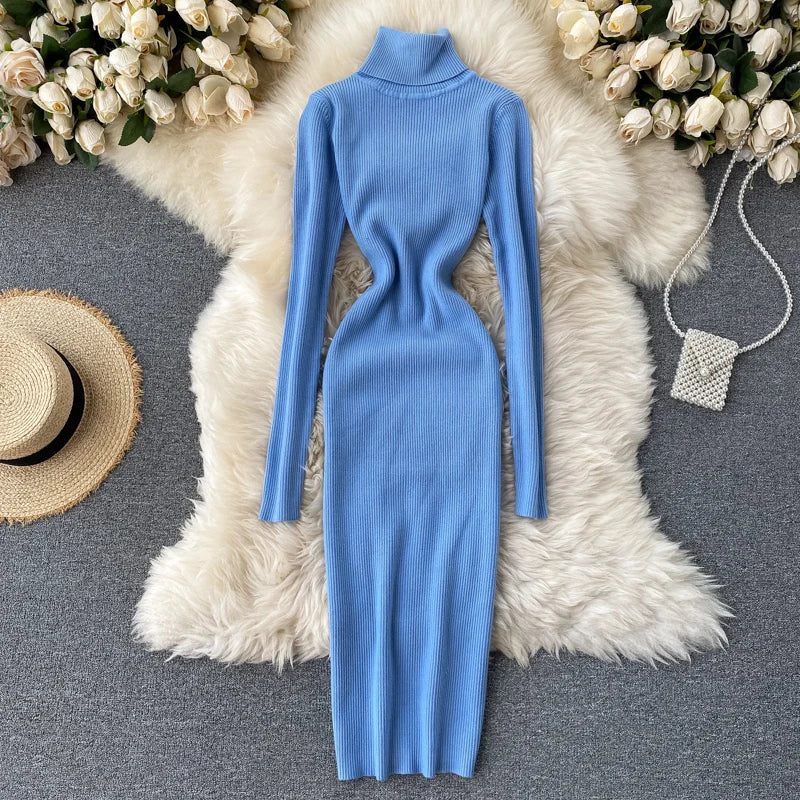 Dresses for Women 2022 Sexy Turtleneck Knitted Bodycon Dress Women Autumn Winter Long Sleeve Sweater Dress - Seprincess