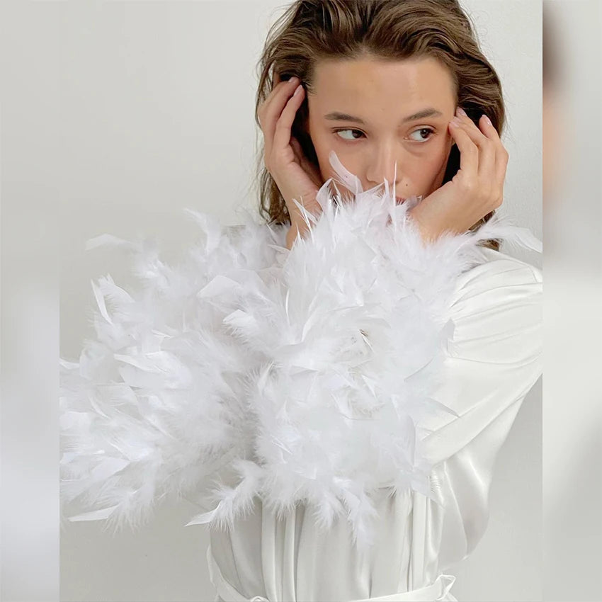 Hiloc Flare Sleeves Feather Robes With Fur White Wedding Sexy Robes Women Dresses Satin Bathrobe Female Sleepwear Fashion 2024 - Seprincess