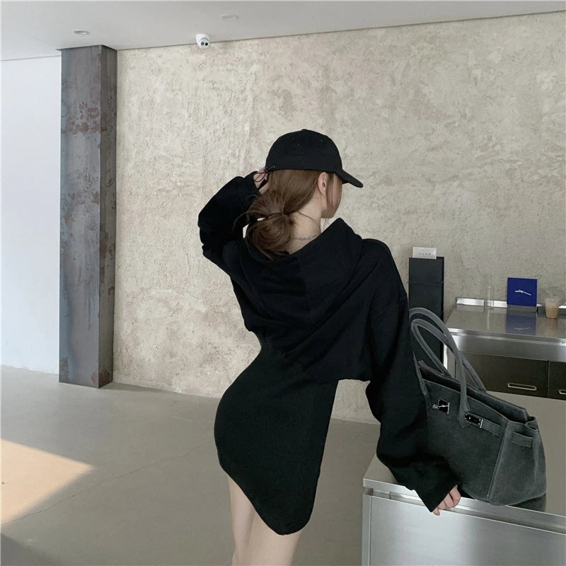 Hoodies Sweatshirt Knitted Dress Mini Black Long Sleeve Cotton Winter Vestido Corto Casual Korean Harajuku Fall 2020 Robe Femme - Seprincess