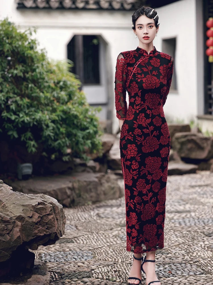 Chinese Style Women's Traditional Dress Retro Old Shanghai Style Long Cheongsam with 3/4 Sleeve Lace Summer Dress - Seprincess