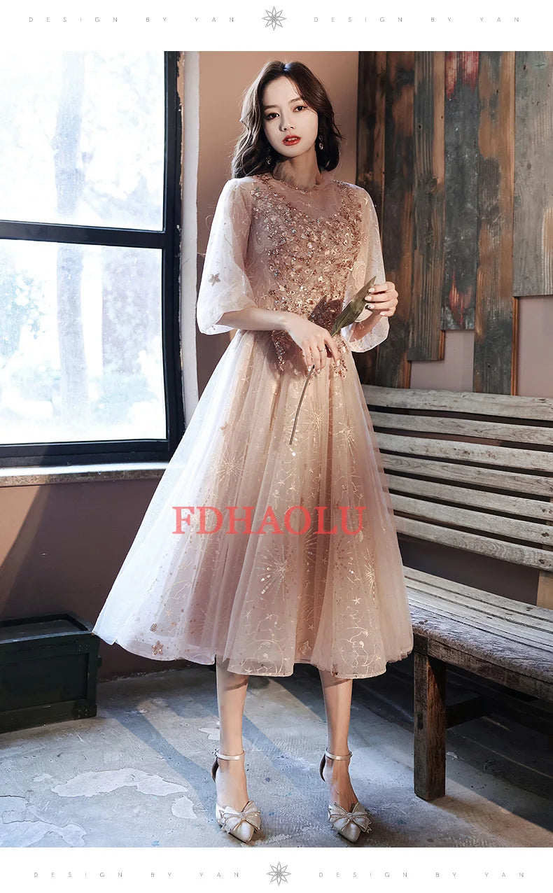 FDHAOLU Evening Dress 2024 New Stylish Illusion O-neck Appliques Crytal Formal Dress a Line Prom Dresses Haute Couture - Seprincess