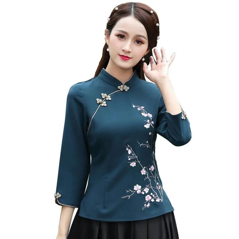 Cheongsam Women's Plus Size Tops 2024 Summer New Fashion Cotton Manual Embroidery Stand Collar Chinese Style Qipao Shirts Woman - Seprincess