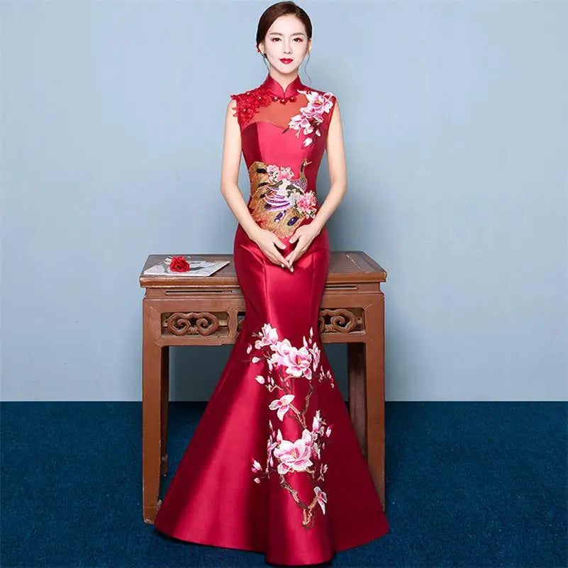 Oriental Evening Dress Chinese Style Fashion Peacock Embroidery Qipao Sexy Long Mermaid Cheongsams Vestidos S-XXL - Seprincess