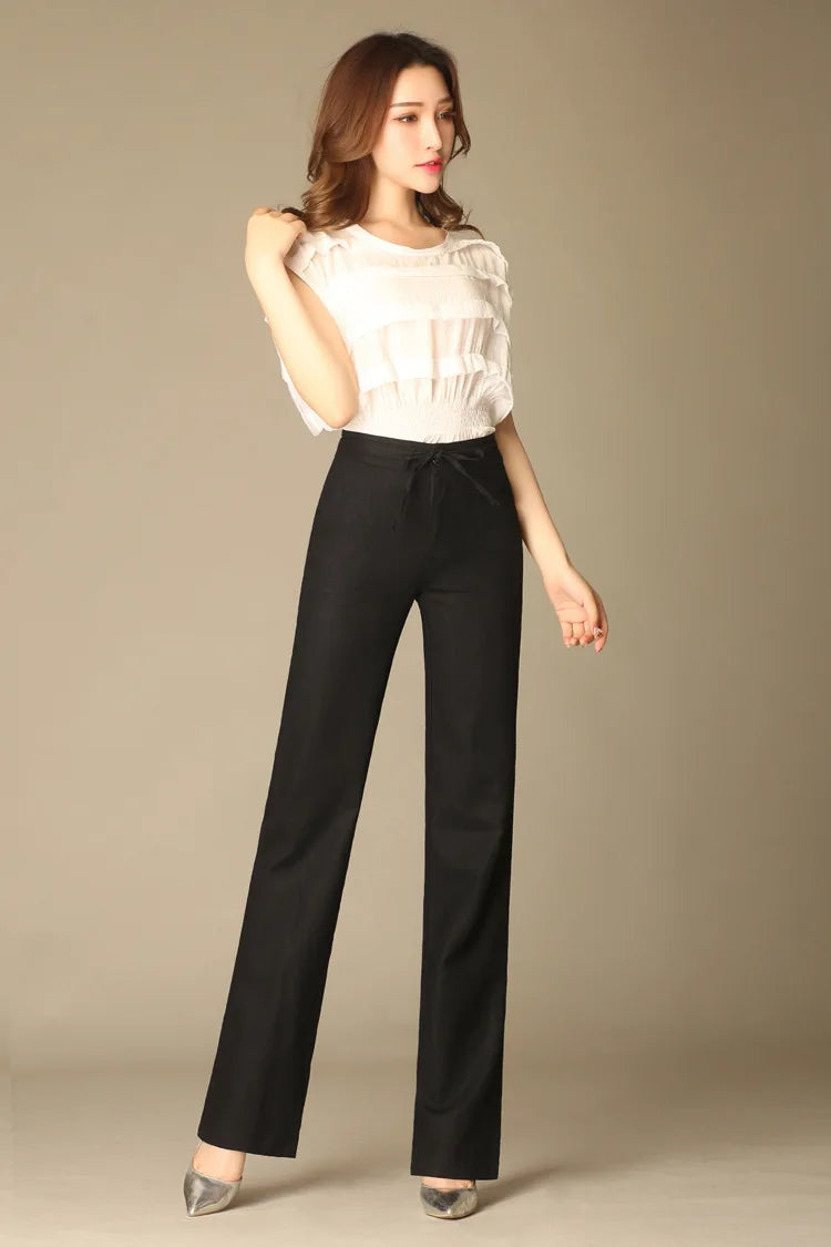 Women Drawstring Casual Cotton Linen Pants Solid White Black Khaki Breathable Summer Thin Straight Leg Loose Trousers S 4XL