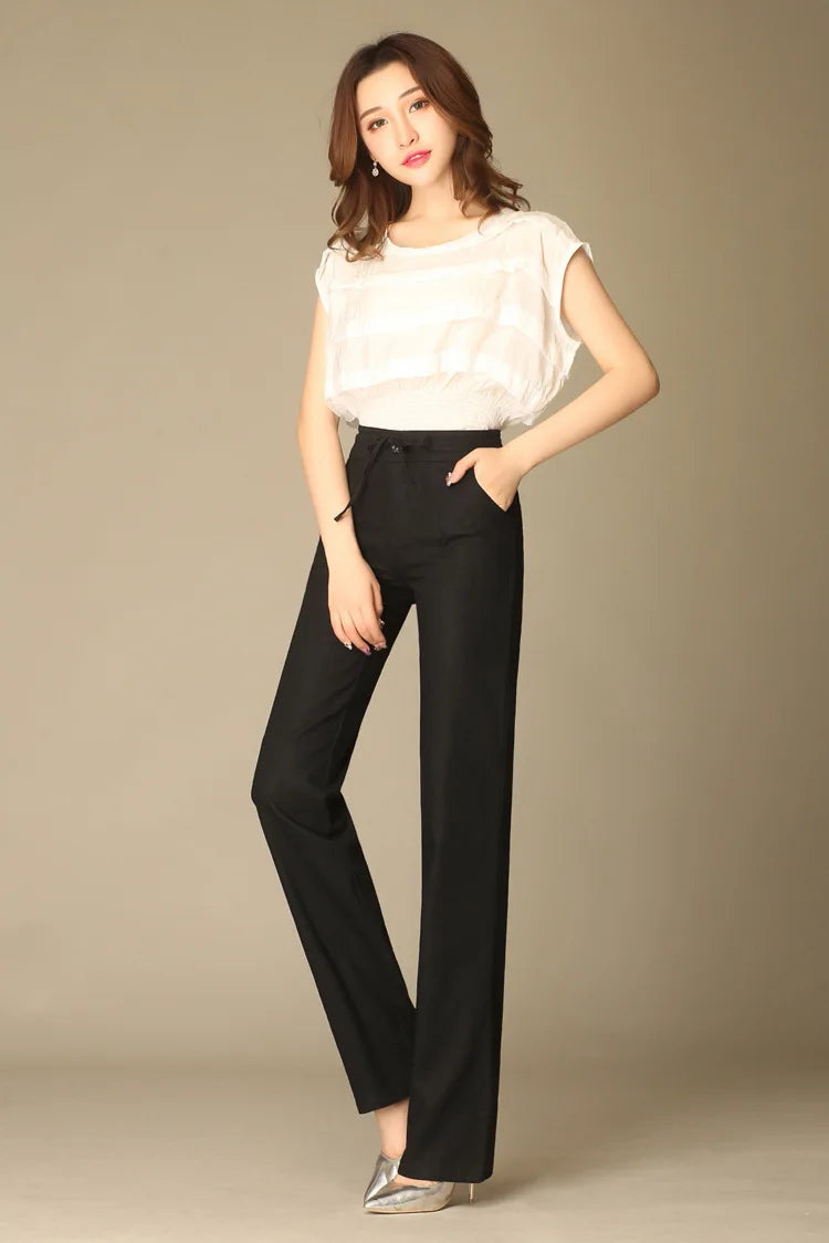 Women Drawstring Casual Cotton Linen Pants Solid White Black Khaki Breathable Summer Thin Straight Leg Loose Trousers S 4XL