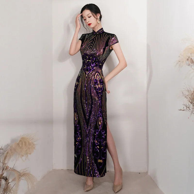 Oversize 4XL Velour Sequin Flower Cheongsam Women Slim Velvet Qipao Elegant Evening Party Dress Short Sleeve Vestidos - Seprincess