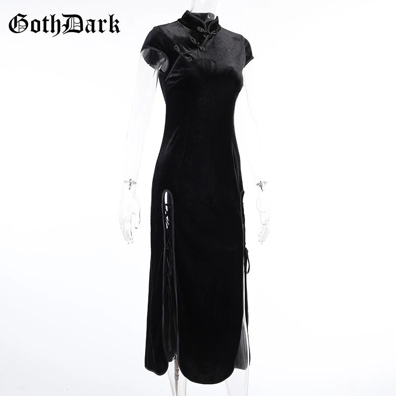 Goth Dark Romantic Gothic Velvet Aesthetic Dresses Vintage Women Black Bandage SlitHem Bodycon Dress Sexy Evening Wear Cheongsam - Seprincess