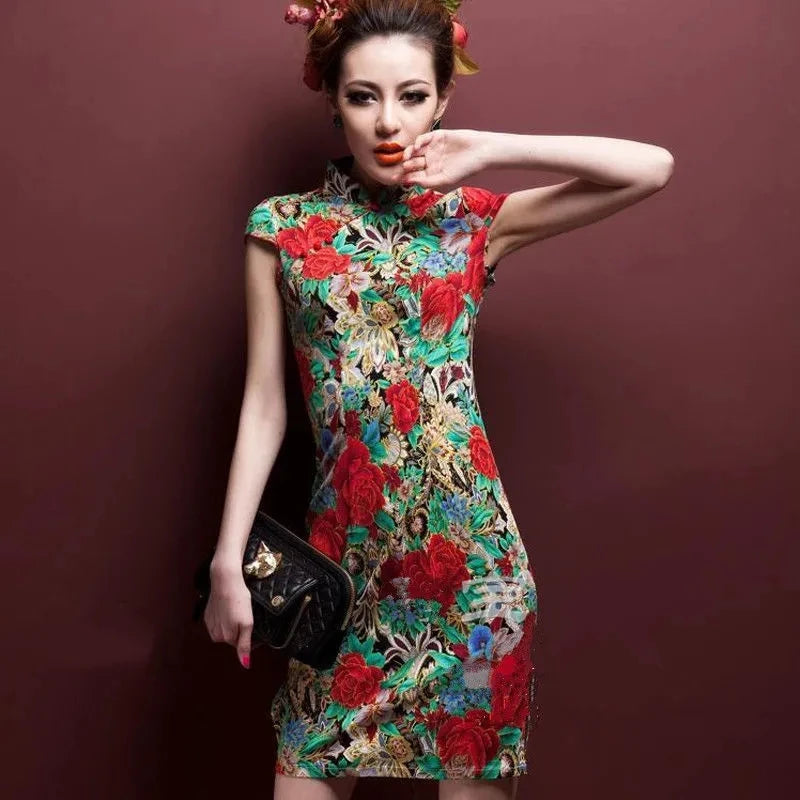 Black Red Nightingale Chinese Cheongsam Dress Stretch Cotton And Linen Chipao 5xl 4xl Sexy Traditional Vintage Qipao - Seprincess