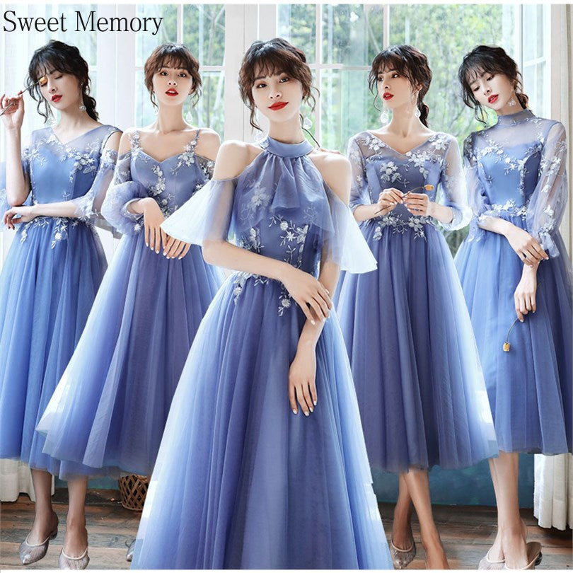 Sweet Memory 2025 Women Blue Bridesmaid Dresses Tea Length Appliques Lace Flowers Mismatched With Sleeves Wedding Party Dress