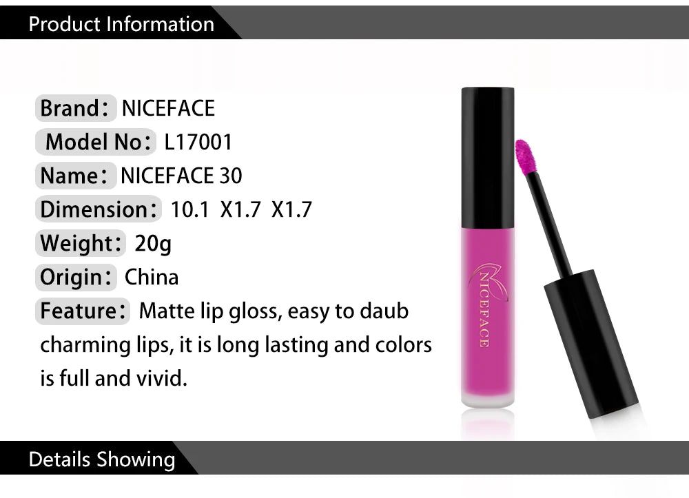 NICEFACE Hot Color Lip Gloss Waterproof Matt Lipgloss Lasting Nude Liquid Lipstick Cosmetic Sexy Women Lip Tint Makeup Lip Stain - Seprincess