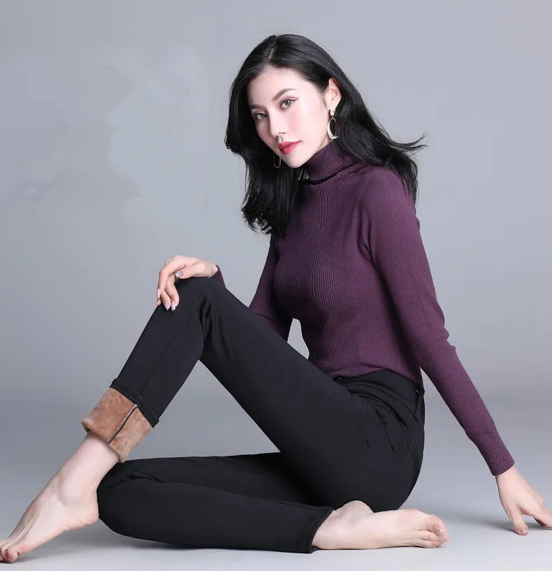 Winter Velvet Thick Warm Pants For Women Skinny Stretch Fleece Pencil Pants High Waist Solid Black Blue Trousers Female