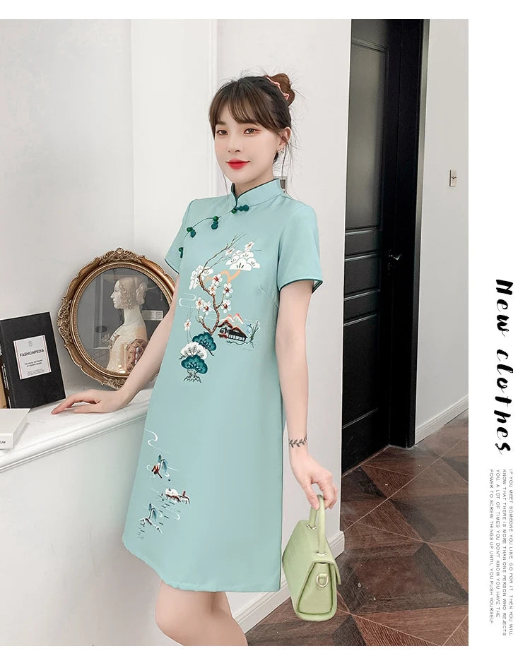 Plus Size M-4XL 2021 New Blue Loose Fashion Modern Cheongsam Dress Women Short Sleeve Qipao Traditional Chinese Style Clothes - Seprincess