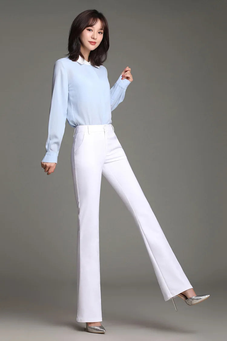 Women Slimming Office Flare Pants High Waist Pure Color Cotton Stretch Casual Big White Black Office Flared Trousers S 3XL 4XL